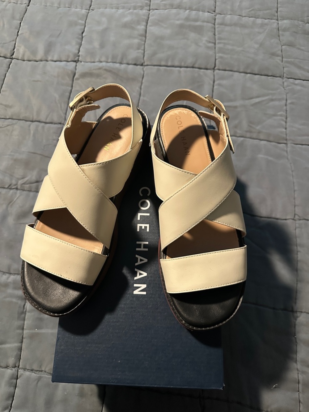 Cole Haan Beige Leather Cross-Strap Sandals